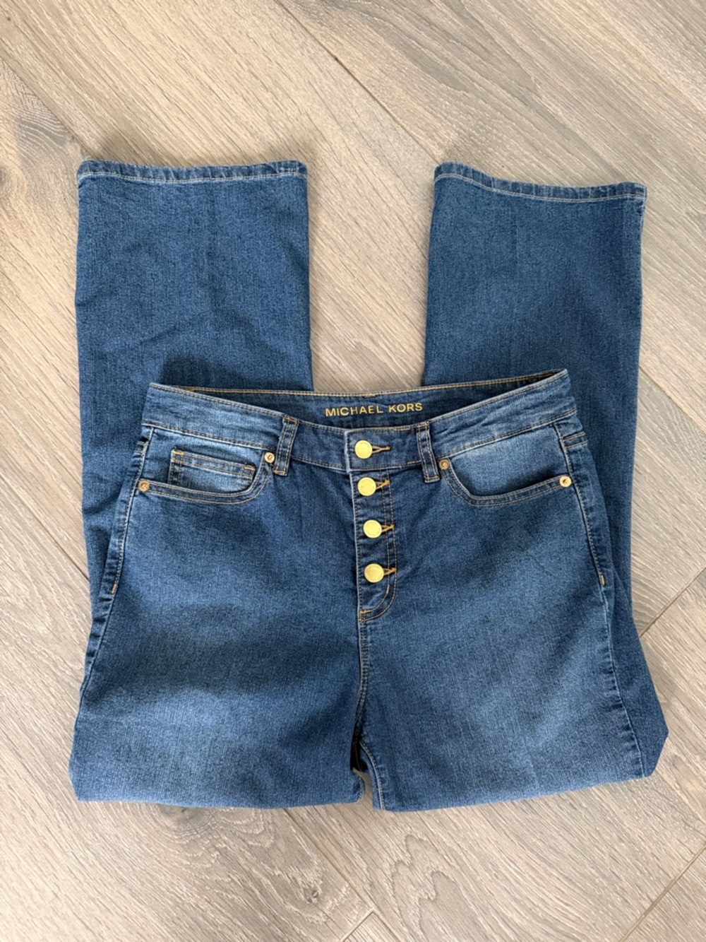 Michael Kors Medium Blue High-Rise Button-Fly Jeans. Measurement on the pictures